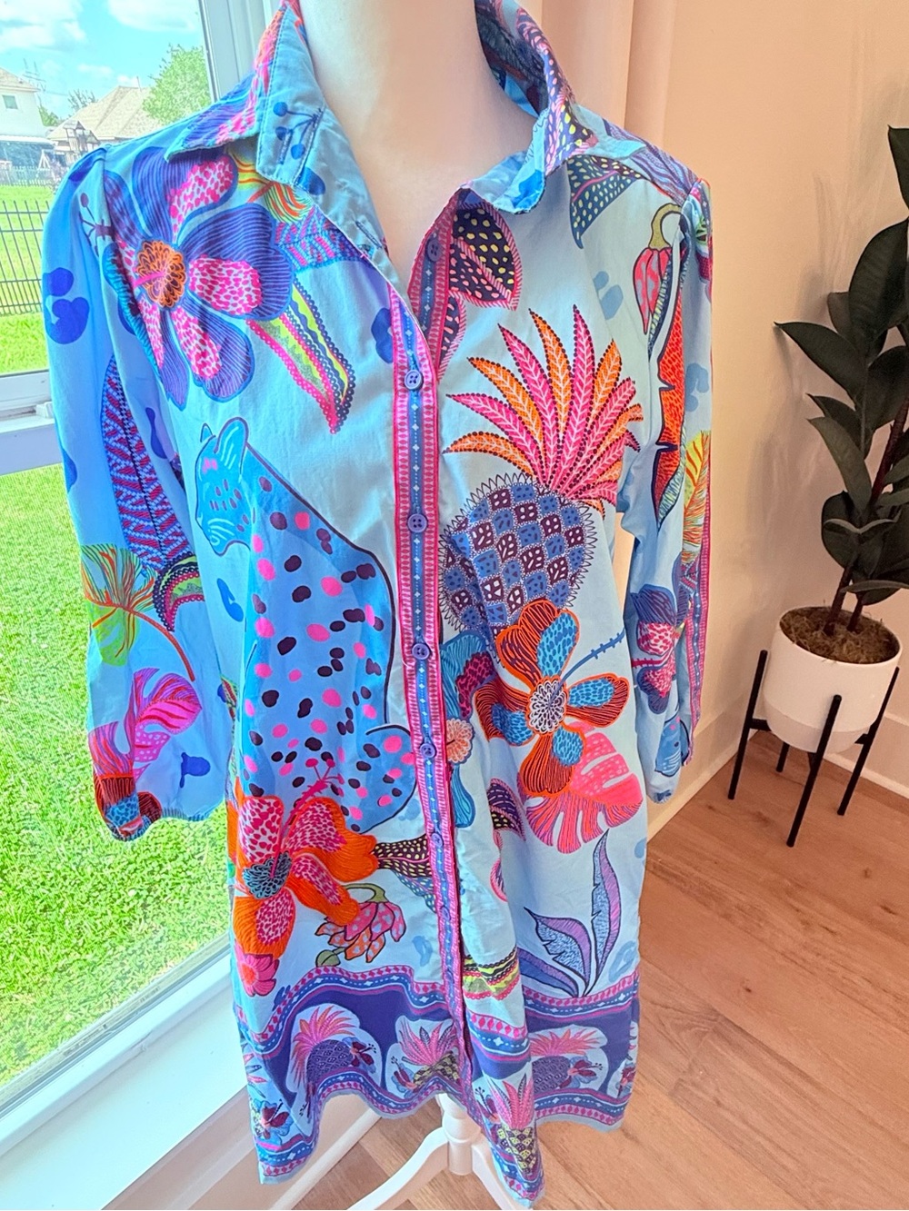 Light Blue Floral-Print Cotton Button Up Shirt Dress size XS